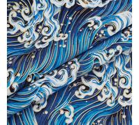 OLYCRAFT Meer Wellen Stoff Meterware Cartoon Ozean Polsterstoff Blaue Goldene Wellen Ozean Thema Stoffe 2x1.5m Japanische Hokusai Wellen Polsterstoffe für Heimdekoration
