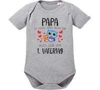 OM3® Babybody mit Spruch - 1. gemeinsamer Vatertag - Danke Papa - Kurzarm Baby Body - Bio-Baumwolle - Mädchen Junge - Grau Meliert - 86/92