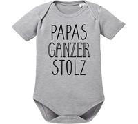 OM3® Babybody mit Spruch - Papas ganzer Stolz - Kurzarm Baby Body - Bio-Baumwolle - Mädchen Junge - Grau Meliert - 50-56