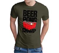 OM3® Beer Pong T-Shirt - Herren - Champ Trinkspiel Bier Party Spiel - Oliv-SW, XL