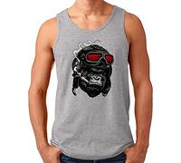 OM3® Gorilla Pilot Tank Top Shirt - Herren - Smoking Monkey Ape Lederhaube - Grau Meliert-Rot, 4XL