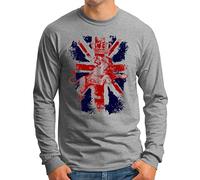 OM3® Great Britain Lion Langarm Shirt - Herren - British Union Jack Vintage Flag - Grau Meliert, S