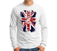 OM3® Great Britain Lion Langarm Shirt - Herren - British Union Jack Vintage Flag - Weiß, XL