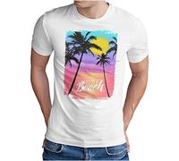 OM3® Life is a Beach T-Shirt - Herren - Retro Summer Sunset Palm Tree Surfer Vintage - Weiß, M