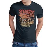 OM3® Shark Surfing Long Beach California T-Shirt - Herren - Beach Surfer Haifisch Logo Sunshine Cali State USA - Navy, M