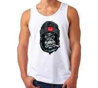 OM3® Smoking-Gorilla-Ape Tank Top Shirt - Herren - Monkey Beanie Fun - Weiß, XL