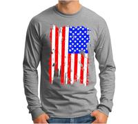 OM3® USA Amerika Flagge Langarm Shirt - Herren - Stars and Stripes Vintage Grunge - Grau Meliert, 3XL