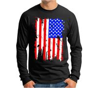 OM3® USA Amerika Flagge Langarm Shirt - Herren - Stars and Stripes Vintage Grunge - Schwarz, 4XL