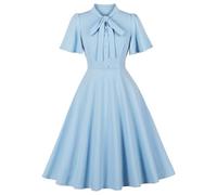 OMEWEE 1950er Vintage Retro Cocktailkleid Damen Elegant Knielang Rockabilly Kleider Krawatte Hals Kurzarm festliches Kleid A-Line Swing Hochzeit Business Kleid Abendkleid Partykleid Hellblau Large