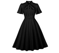 OMEWEE 1950er Vintage Retro Cocktailkleid Damen Elegant Knielang Rockabilly Kleider Krawatte Hals Kurzarm festliches Kleid A-Line Swing Hochzeit Business Kleid Abendkleid Partykleid Schwarz XX-Large