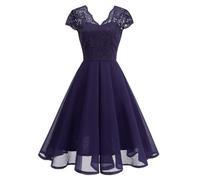 OMEWEE 1950er Vintage Retro Cocktailkleid Damen Elegant Knielang Rockabilly Kleider V-Ausschnitt Chiffon Kurzarm Spitzenkleid A-Line Swing Hochzeit festliches Kleid Kleid Abendkleid