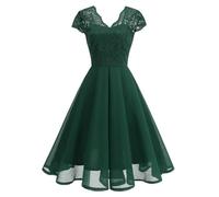 OMEWEE 1950er Vintage Retro Cocktailkleid Damen Elegant Knielang Rockabilly Kleider V-Ausschnitt Chiffon Kurzarm Spitzenkleid A-Line Swing Hochzeit festliches Kleid Kleid Abendkleid Grün S
