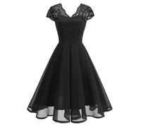 OMEWEE 1950er Vintage Retro Cocktailkleid Damen Elegant Knielang Rockabilly Kleider V-Ausschnitt Chiffon Kurzarm Spitzenkleid A-Line Swing Hochzeit festliches Kleid Kleid Abendkleid Schwarz S