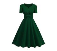 OMEWEE Cocktailkleid Damen 1950er Vintage Rockabilly Kleider A-Line Swing festliches Kleid V-Ausschnitt Knielang Abendkleider Elegant für Hochzeit gast Partykleid Dark Green XL