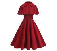 OMEWEE Cocktailkleid Damen Cape Kleid 1950er Vintage Rockabilly Kleider Abendkleider elegant für Hochzeit gast festliches Kleid A-Line Swing Midilang Partykleid Rot Small