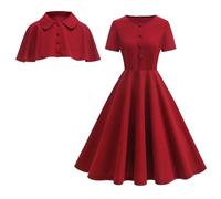OMEWEE Cocktailkleid Damen Cape Kleid 1950er Vintage Rockabilly Kleider Abendkleider elegant für Hochzeit gast festliches Kleid A-Line Swing Midilang Partykleid Rot Large