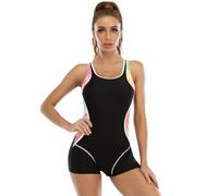 OMEWEE Einteiler Ärmellos Badeanzug mit Bein Damen Bademode Bauchweg Push Up Sexy Swimsuit Sport Schwimmanzug mit Cups schwarz M