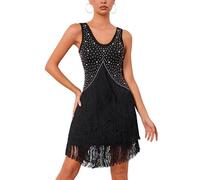 OMEWEE Fransen Kleider Damen Ärmellos Glitzer Strass Quaste Latein Tanzkleid Fransenkleid Vintage 1920er Gatsby Flapper Kleid Sexy Cocktail Party Ballroom ChaCha Salsa Samba Kleid Schwarz Small
