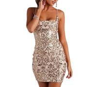 OMEWEE Paillettenkleid Kurz Damen Glitzer Kleid Enges Schnürkleid Spaghettiträger Cocktail Party Mini Pailletten Kleid Sexy Partykleid Tanzkleid Gold XS