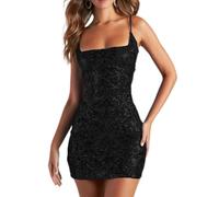 OMEWEE Paillettenkleid Kurz Damen Glitzer Kleid Enges Schnürkleid Spaghettiträger Cocktail Party Mini Pailletten Kleid Sexy Partykleid Tanzkleid schwarz XS