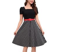 OMEWEE Rockabilly Kleider Damen 1950er Vintage Retro Kurzarm Polka Dot A-Line Swing Cocktailkleid Elegant Knielang Hochzeit festliches Kleid Abendkleid Partykleid Schwarze Gepunktet Small