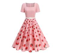 OMEWEE Rockabilly Kleider Damen 1950er Vintage Retro Kurzarm Polka Dot A-Line Swing Cocktailkleid Elegant Knielang Hochzeit festliches Kleid Abendkleid Partykleid Rosa Erdbeere X-Large