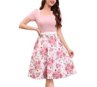 OMEWEE Rockabilly Kleider Damen 1950er Vintage Retro Kurzarm Polka Dot A-Line Swing Cocktailkleid Elegant Knielang Hochzeit festliches Kleid Abendkleid Partykleid Rosa Geblümt Medium