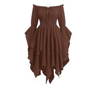 OMEWEE Sommerkleid Damen Elegant Schulterfrei Glockenärmel Mittelalter Kleid Renaissance Corsagenkleid Viktorianisches Midikleid Gothic Kleid für Halloween Karneval Party Alltag Braun Medium
