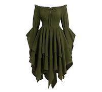 OMEWEE Sommerkleid Damen Elegant Schulterfrei Glockenärmel Mittelalter Kleid Renaissance Corsagenkleid Viktorianisches Midikleid Gothic Kleid für Halloween Karneval Party Alltag Grün X-Large