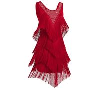 OMEWEE Tanz Kleid Damen Ärmellos Glitzer Strass Quaste Latein Tanzkleid Fransenkleid 1920er Gatsby Fransen Vintage Flapper Kleider Cocktail Party Samba Latin Salsa ChaCha Kleid Rot XX-Large