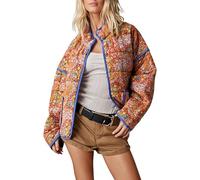 Omoone Damen Cropped-Steppjacke, Blumendruck, leicht, gepolstert, Pufferjacke, Mantel, Outwear, gelb, L