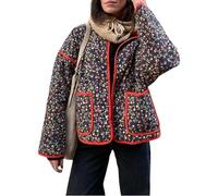 Omoone Damen Cropped-Steppjacke, Blumendruck, leicht, gepolstert, Pufferjacke, Mantel, Outwear, kirsche, L