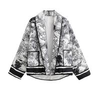 Omoone Damen Cropped-Steppjacke, Blumendruck, leicht, gepolstert, Pufferjacke, Mantel, Outwear, Schwarz, XL