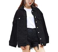 Omoone oversized, mittellange Damen-Denimjacke, Bikerjacke, Schwarz, XXL
