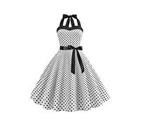 OMZIN Ärmelloses 1950er Cocktailkleid Mit Polka Dots Midi-schlagkleid Vintage Neckholder Rock Kleid Weiß M