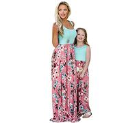 OMZIN Boho Mothers and Daughter Family Summer Dress Round Neck Sleeveless Dresses Maxi Dress A Line Beach Dress Blaue Blume 8-9 Jahre