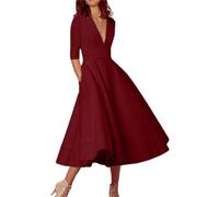 OMZIN Damen Casual Classic Plain Kleid Vintage Regular Fit Kleider Baggy Plissee Kleid Weinrot S