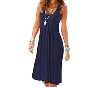 OMZIN Damen Casual Midi Leichtes Ärmelloses Rundhalsausschnitt Kleid Plissiertes Strand Midikleid Marineblau M