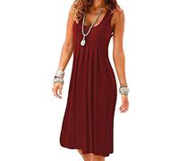 OMZIN Damen Fließend Plissiertes Ärmelloses Lockeres Tank-Kleid Schlichtes U-Ausschnitt Kleider Weinrot S