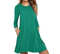 OMZIN Damen Freizeithemdkleid Rundhals Loses Kleid Lässige Strandhemdkleider Langarmkleid mit Tasche Grün M