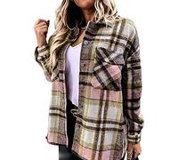 OMZIN Damen Karierte Jacke Knöpfe Übergangsjacke Kurz mit Karomuster Taschen Langarm Leichte Hemd Jacke Rosa M