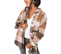 OMZIN Damen Kariertes Jacke Taschen Knöpfen Langarm Oversize Hemdjacke Boyfreind Style Overshirt mit Karomuster E-Girl Style Herbst Brown XL