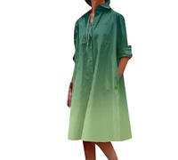 OMZIN Damen Midi Party Shirt Kleid V Ausschnitt Revers Langarm Knopf Taschen Strand Druck Kleider Ombre Grün L