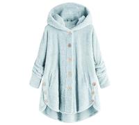 OMZIN Damen Plüsch Übergangsjacke Revers Faux Mantel Wärme Winter Revers Faux Wolle Hoodie Plüschmantel Übergroße Himmelblau 3XL