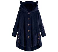 OMZIN Damen Plus Size Button Plüsch Top Kapuze verlieren Strickjacke Wolle Mantel Winterwärme Jacke Mode Mantel Navy Blau S