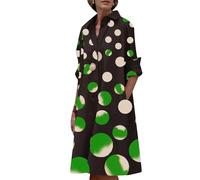 OMZIN Damen Revers V Ausschnitt Lose Knopf Farbe Block Langarm Shirt Kleider Midi Boho Kleid Dots Grün L