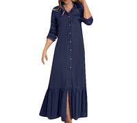 OMZIN Damen Reverskragen Denim Shirt Kleid Plus Size Lose Maxi Kleid Gekräuselt Langärmliges Kleid Marineblau L