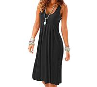 OMZIN Damen Sommer Rundhalsausschnitt Kleider Midi Entspanntes Strandkleid Knielang Plissiertes Lockeres Kleid Blk XS