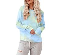 OMZIN Damen Tie-Dye Hoodie Gedruckt Patchwork Sweatshirt Langarm Crop Pullover Langarmshirt Kapuzenpullover Tops Blau/Grün L