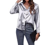 OMZIN Elegantes Damen V-Ausschnitt Langarm Seidensatin Hemd Lose Tops Büro Arbeit Hemd Grau 3XL
